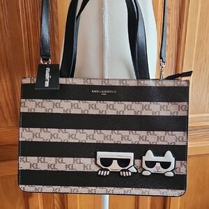 🆕️ Karl Lagerfeld Black and Cream Striped Handbag/Crossbody Bag Purse NWT